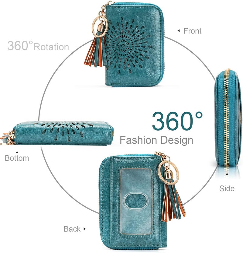 APHISON RFID Credit Card Holder Zipper Card Case Keychain Small Wallet for Women 1927 PEACOCK-BLUE - Image 2