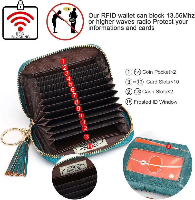 APHISON RFID Credit Card Holder Zipper Card Case Keychain Small Wallet for Women 1927 PEACOCK-BLUE - Image 3