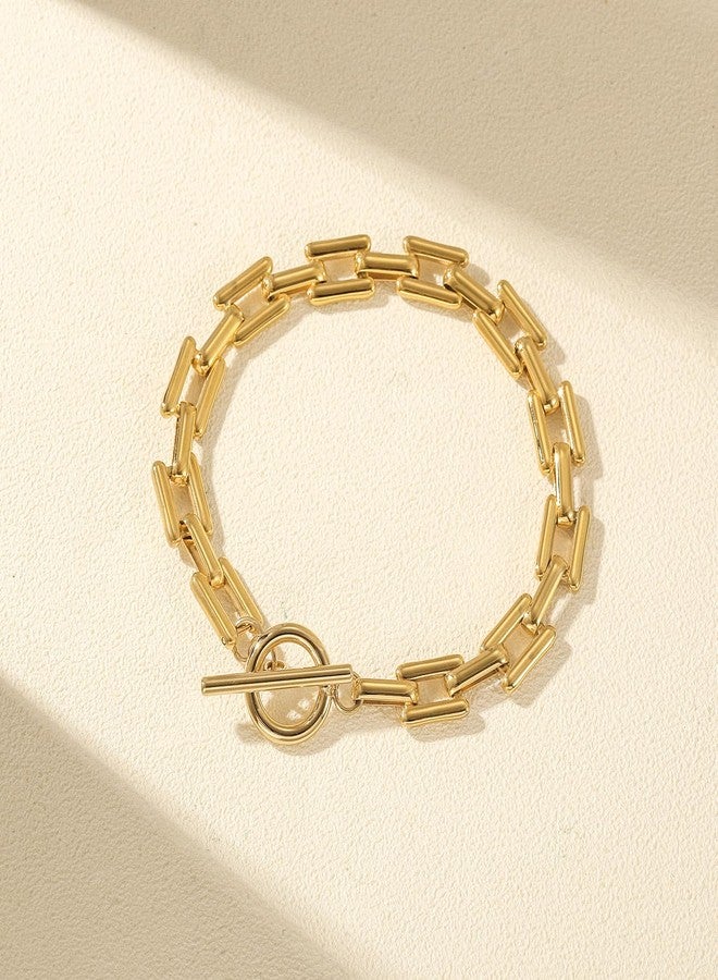 WISTIC Chunky Gold Bracelet for Women, 8.0 inches Statement Cuban Link Bracelet with Toggle Clasp, 14k Gold Plated Lock Square Bracelets - Image 2