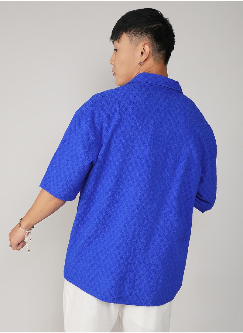Campus Sutra - Men's Royal Blue Textured Geometric Oversized Shirt - Image 1