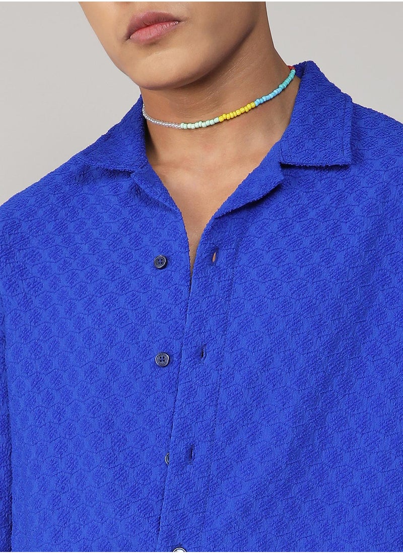 Campus Sutra - Men's Royal Blue Textured Geometric Oversized Shirt - Image 1