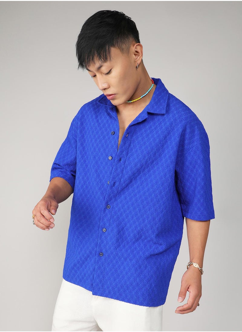 Campus Sutra - Men's Royal Blue Textured Geometric Oversized Shirt - Image 1