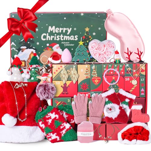 Ithmahco Advent Skincare Calendar for Teen Girls Adult Christmas Gifts For Women 24 Day Advent Beauty Calendar 2025 With Makeup Kit Bath Bomb Spa Jewelry Santa Hat Holiday Countdown Gift Sets for Mom Wife Daughter Sister - Image 1