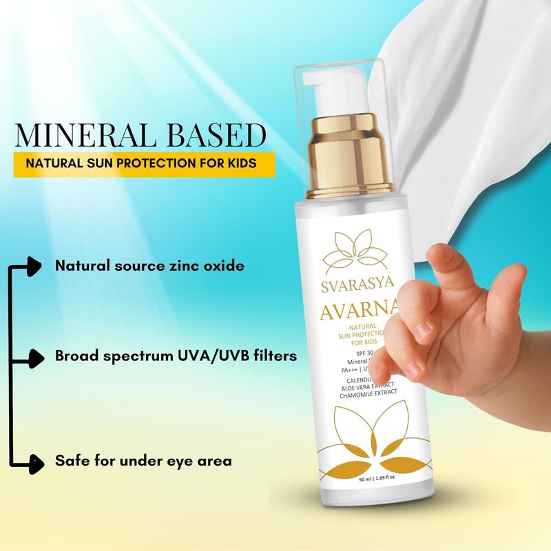 Svarasya سفاراسيا أفارنا واقي الشمس للأطفال 50 مل واقي شمس معدني للأطفال SPF 30 PA حماية من UVA و UVB كريم شمس غير دهني آمن للأطفال فوق 6 أشهر - Image 2