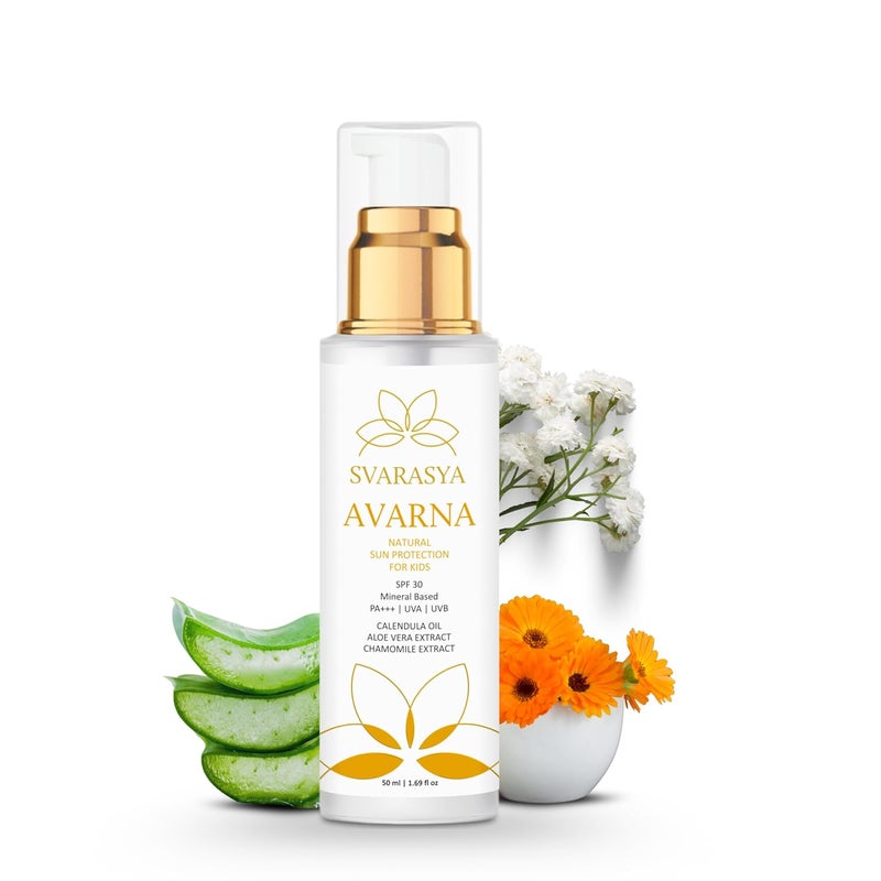Svarasya سفاراسيا أفارنا واقي الشمس للأطفال 50 مل واقي شمس معدني للأطفال SPF 30 PA حماية من UVA و UVB كريم شمس غير دهني آمن للأطفال فوق 6 أشهر - Image 1