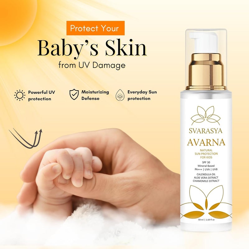 Svarasya سفاراسيا أفارنا واقي الشمس للأطفال 50 مل واقي شمس معدني للأطفال SPF 30 PA حماية من UVA و UVB كريم شمس غير دهني آمن للأطفال فوق 6 أشهر - Image 3
