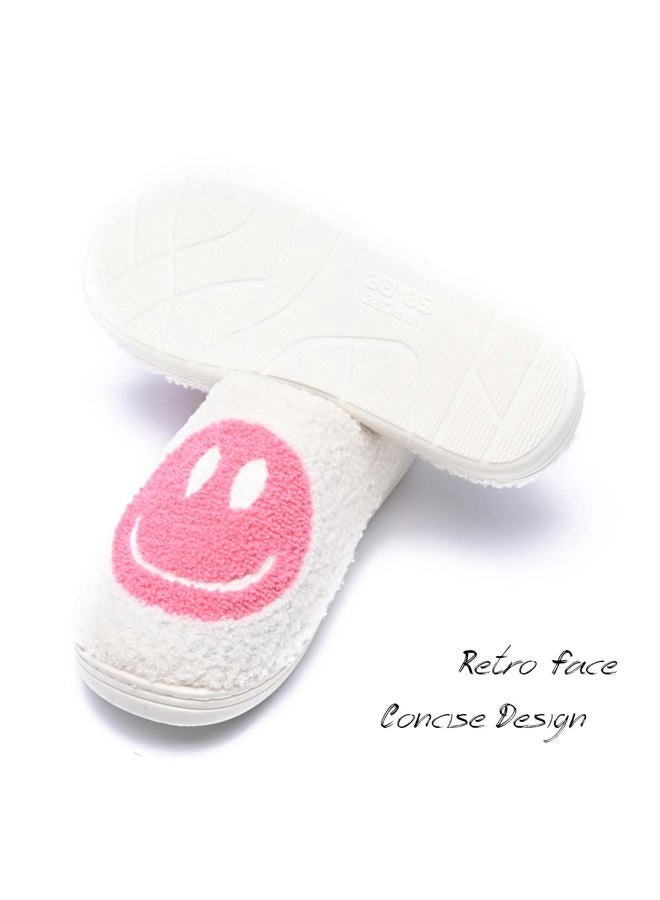 AIMINUO Women's Men's Retro Preppy Happy Face Slippers Comfy Warm Plush Slip-On House Slipper for Winter Indoor Soft Cushion Non-slip Fluffy Slides Slippers, White-pink, 8-8.5 Women/7.5-8 Men - Image 3