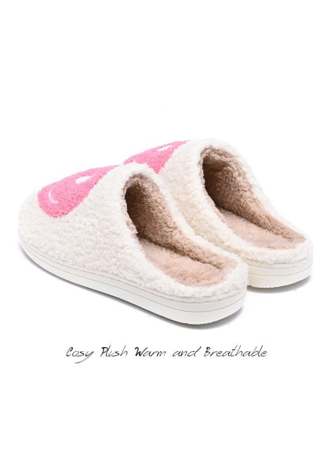 AIMINUO Women's Men's Retro Preppy Happy Face Slippers Comfy Warm Plush Slip-On House Slipper for Winter Indoor Soft Cushion Non-slip Fluffy Slides Slippers, White-pink, 8-8.5 Women/7.5-8 Men - Image 5