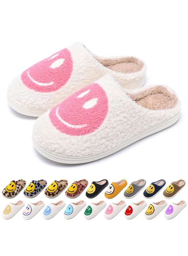 AIMINUO Women's Men's Retro Preppy Happy Face Slippers Comfy Warm Plush Slip-On House Slipper for Winter Indoor Soft Cushion Non-slip Fluffy Slides Slippers, White-pink, 8-8.5 Women/7.5-8 Men - Image 1