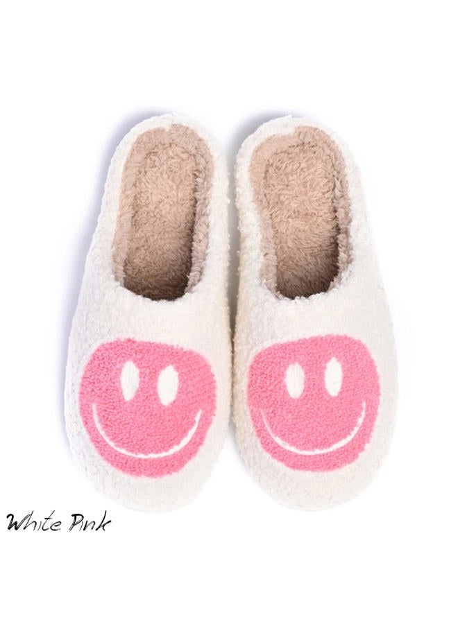 AIMINUO Women's Men's Retro Preppy Happy Face Slippers Comfy Warm Plush Slip-On House Slipper for Winter Indoor Soft Cushion Non-slip Fluffy Slides Slippers, White-pink, 8-8.5 Women/7.5-8 Men - Image 4