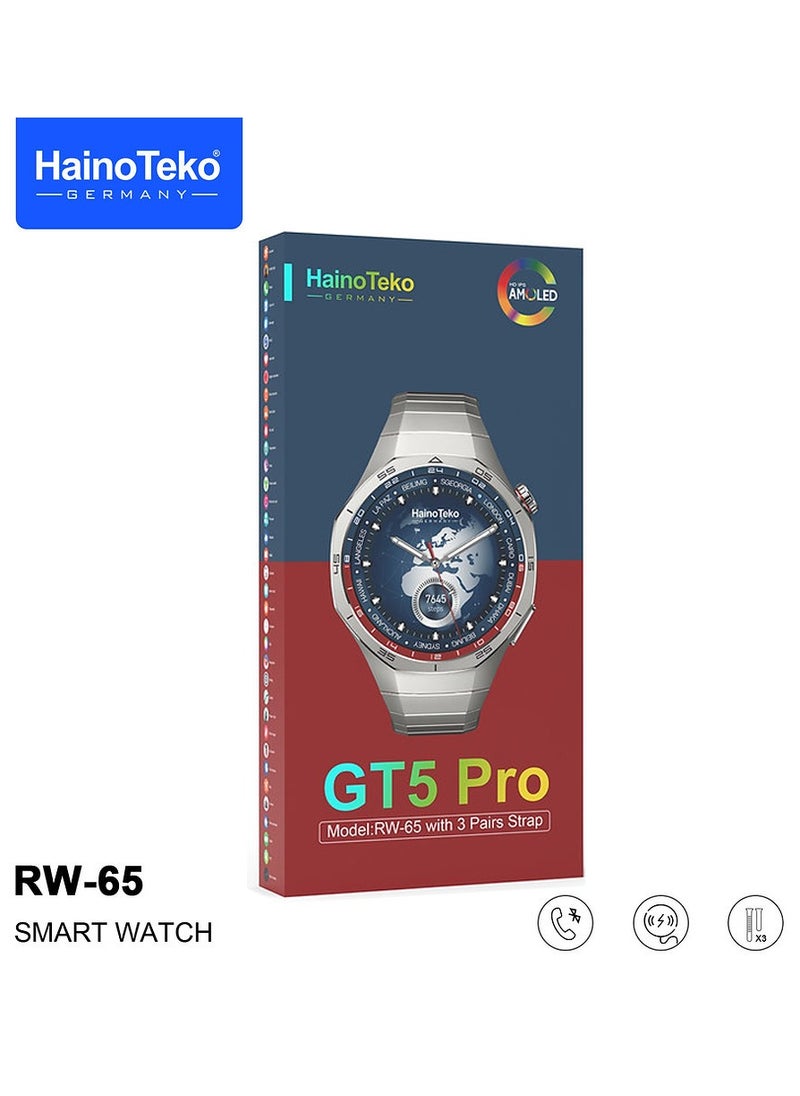 Haino Teko - HainoTeko GT5 Pro Smartwatch RW-65 with Large Screen AMOLED Display Built-In Voice Assistant 3 Pair Premium Quality Straps and Charging Cable Designed For Men Silver - Image 1