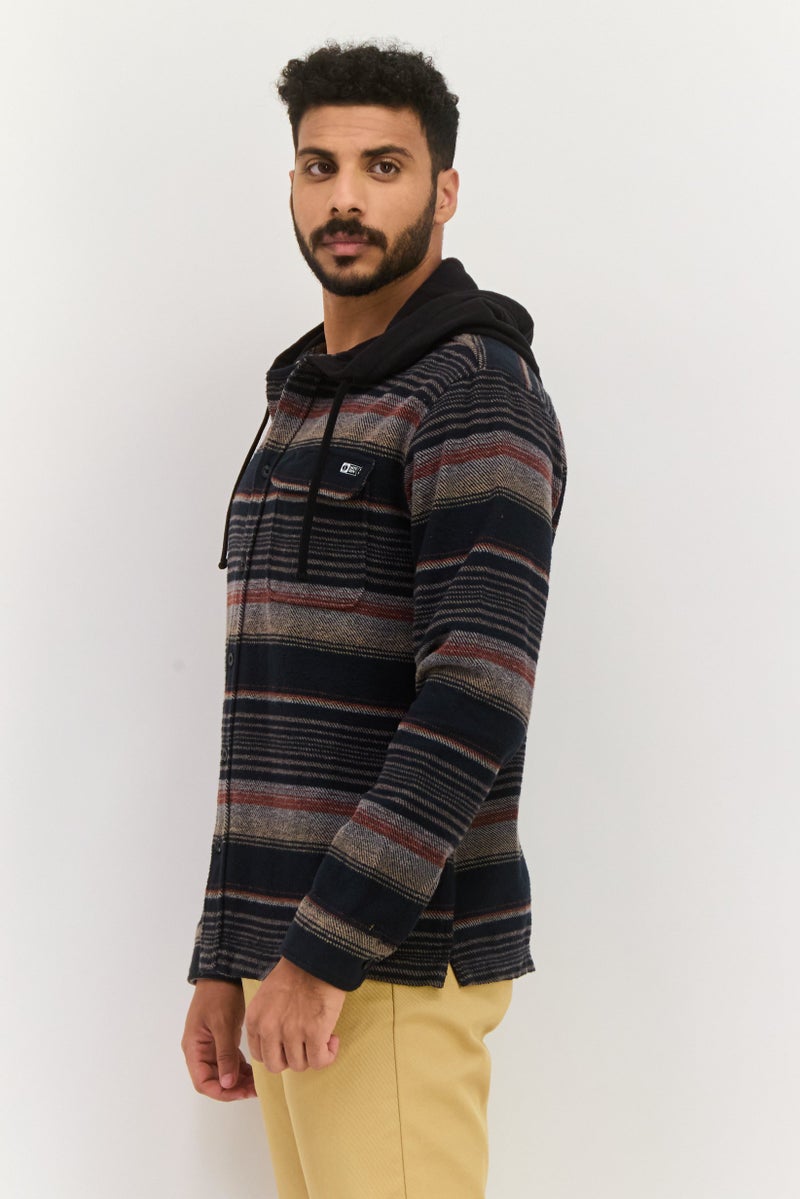 Men Hooded Stripe Flannel Jacket Shirt, Black Combo
