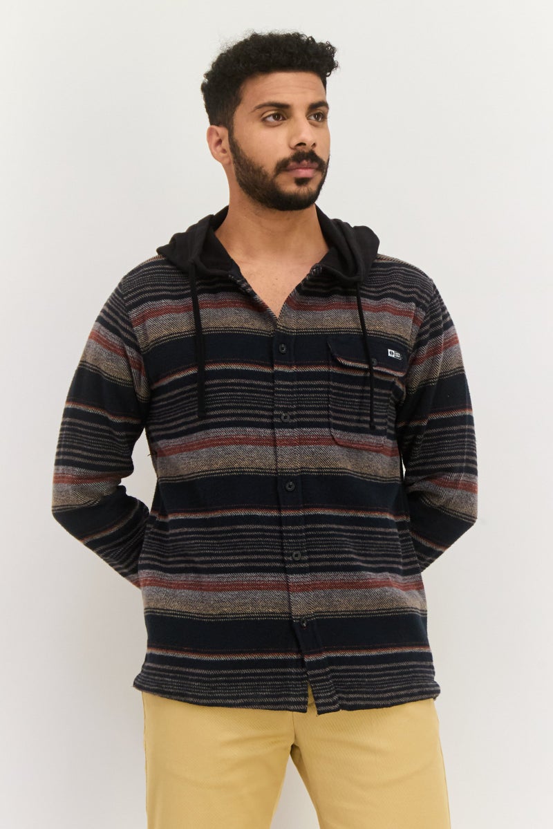 Men Hooded Stripe Flannel Jacket Shirt, Black Combo