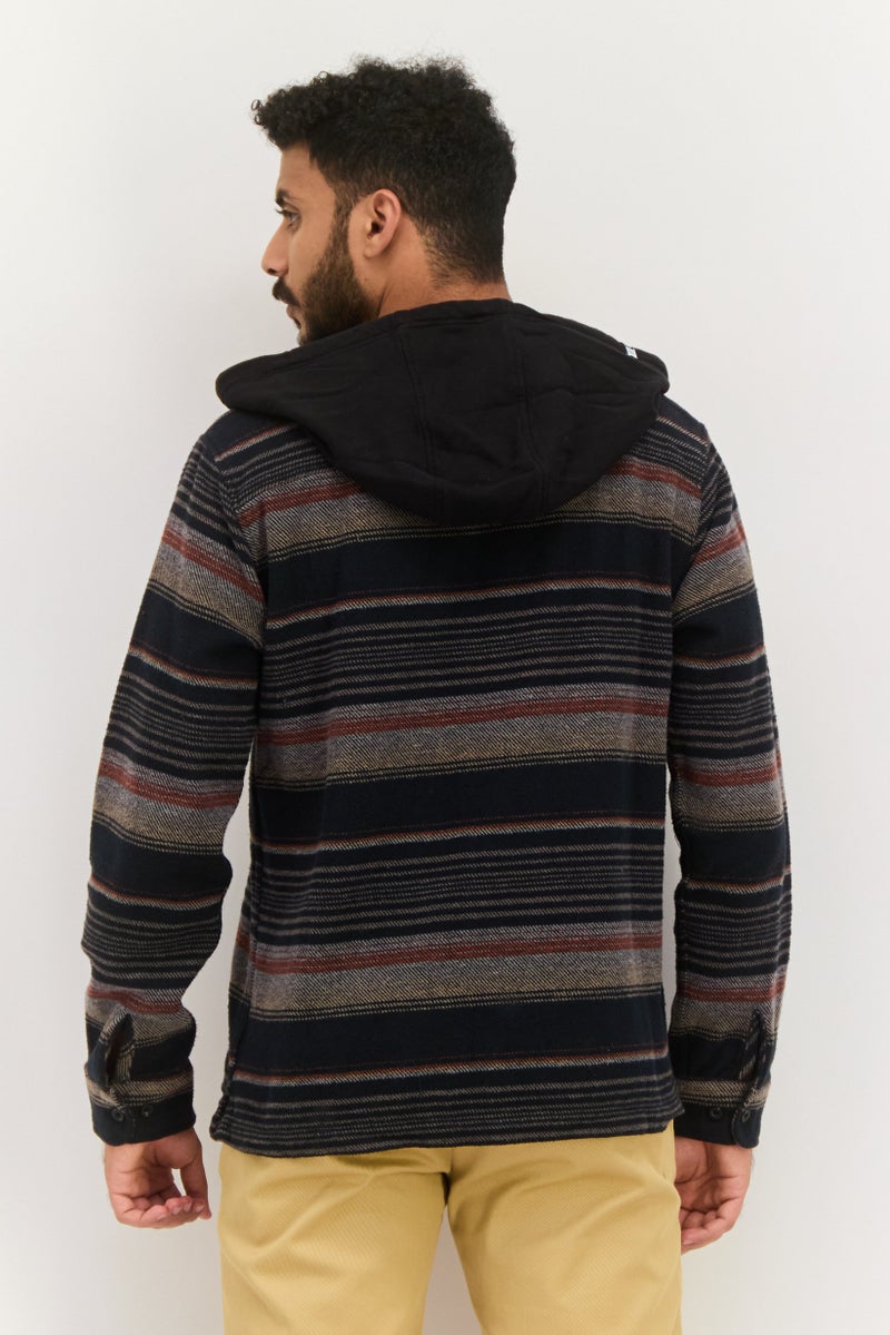 Men Hooded Stripe Flannel Jacket Shirt, Black Combo
