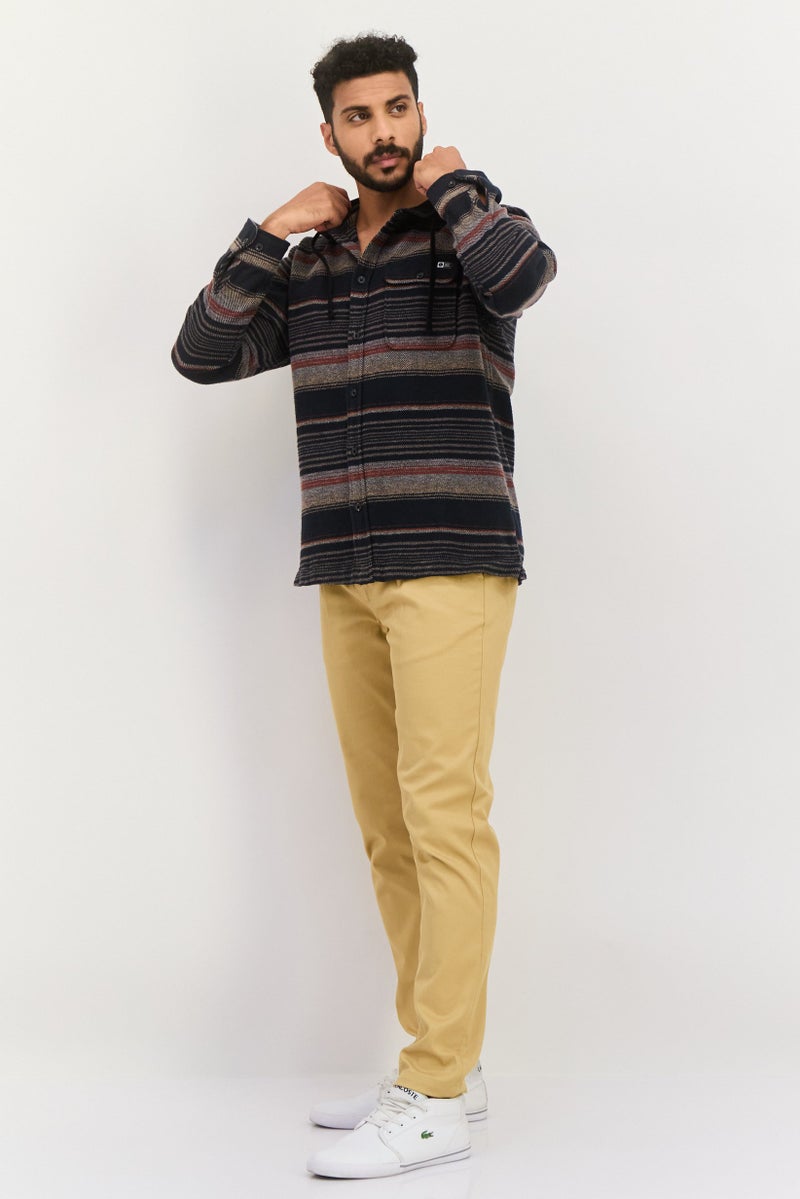 Men Hooded Stripe Flannel Jacket Shirt, Black Combo