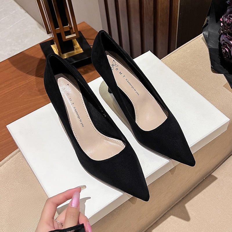 750-8 Elegant Light Luxury Black Suede Shallow Mouth Goddess Style Pointed All-Match Professional Korean Style Fashion Shoes - Image 3