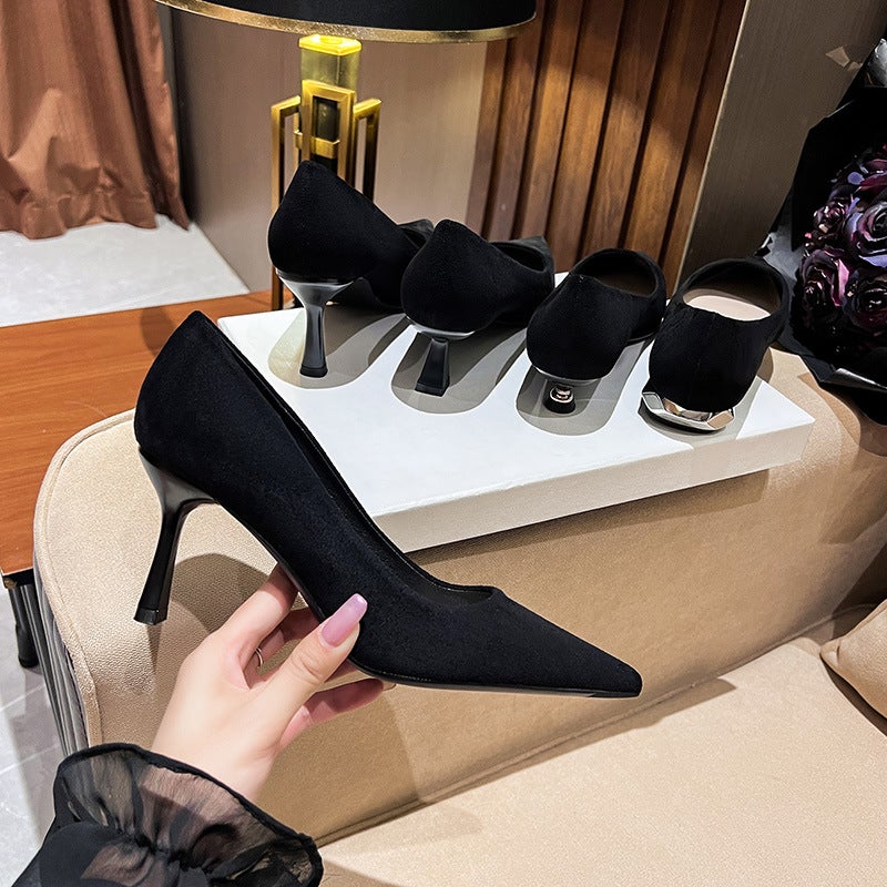 750-8 Elegant Light Luxury Black Suede Shallow Mouth Goddess Style Pointed All-Match Professional Korean Style Fashion Shoes - Image 2