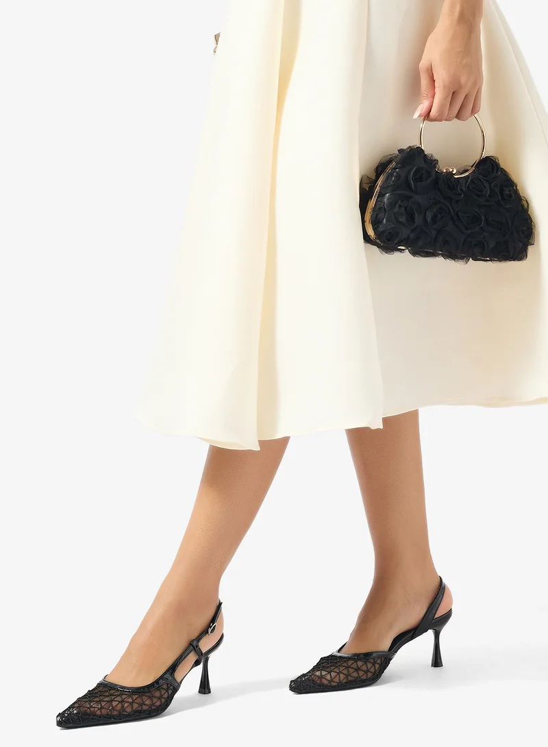 ELLA Black Net Detail Kitten Heel Sling Back Pumps for Women | Best Price UAE