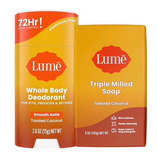 Lume Whole Body Deodorant And Soap  26 Ounce Smooth Solid Stick With 72 Hour Odor Control and 5 Ounce Triple Milled Soap  Aluminum Free Baking Soda Free and Skin Loving Toasted Coconut