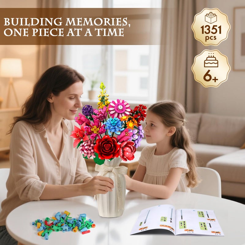 Linkowin Flower Bouquet Building Set - 1316PCS DIY Artificial Flowers Kit with 14 Unique Botanical Designs, Creative Plant Decor for Home/Office, Ideal Gift for Adults, Women, Girls Ages 6+ (No Vase Included) - Image 5