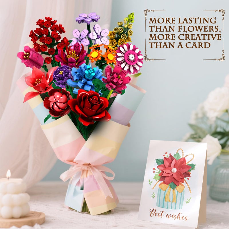 Linkowin Flower Bouquet Building Set - 1316PCS DIY Artificial Flowers Kit with 14 Unique Botanical Designs, Creative Plant Decor for Home/Office, Ideal Gift for Adults, Women, Girls Ages 6+ (No Vase Included) - Image 3