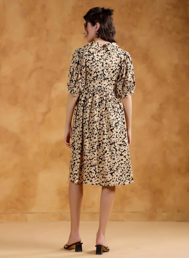 سانسكريتي هومز Sanskrutihomes Women Beige Floral Printed Puff Sleeves Knee-Length Dress