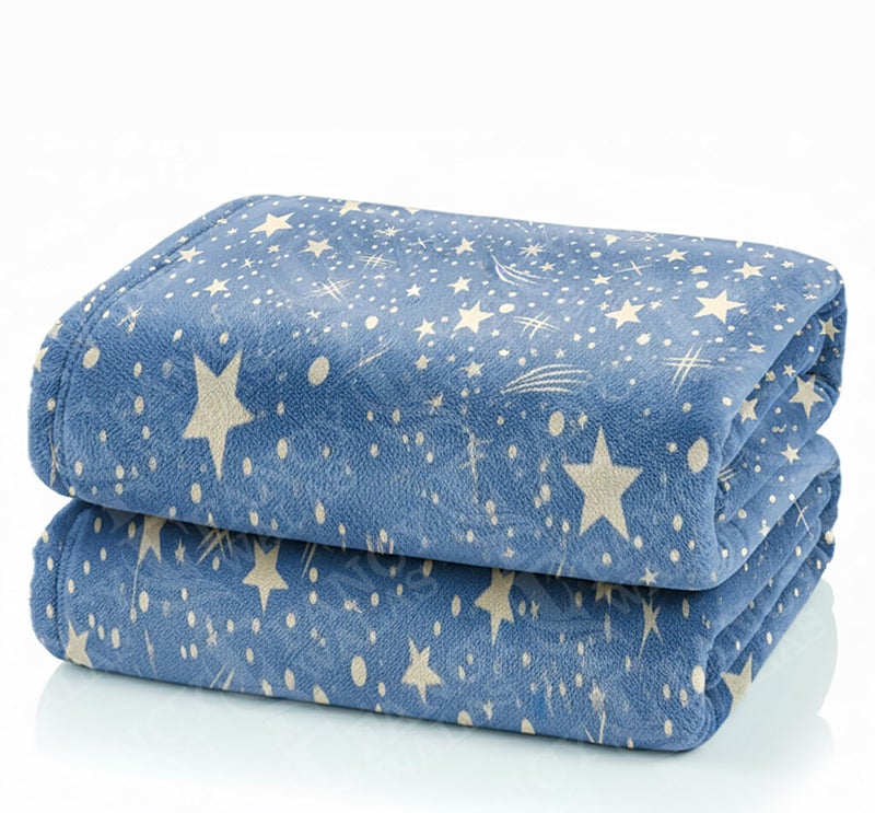 Fancy Walas 220 GSM Velvet Fur Flannel AC Blanket Double Bed Winter Blanket, Printed AC Blanket, King Size (230 x 230 Cm or 90 x 90 Inch) - Super Soft Lightweight, Plush, Fluffy (Blue Star Design) - Image 1