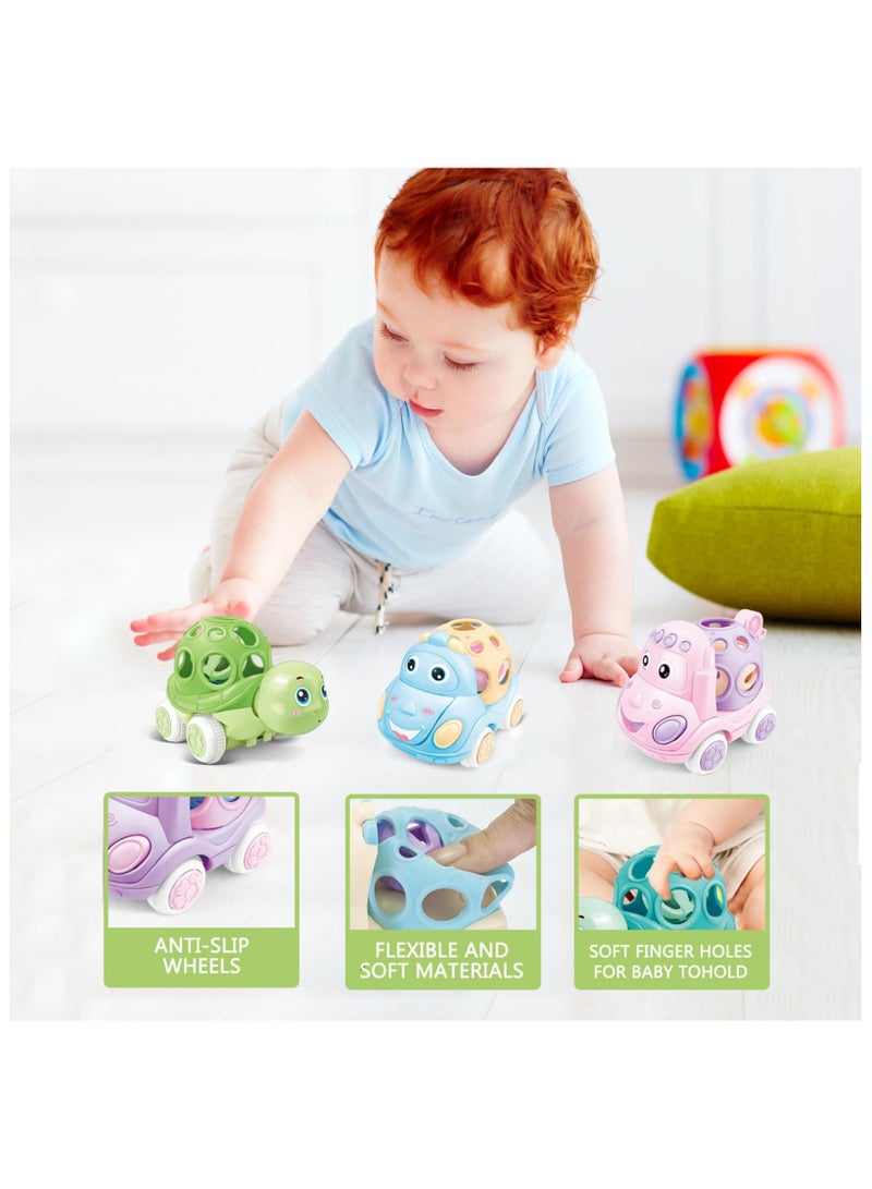 SYOSI 3PCS Baby Toy Car, Rattle & Roll Cars for Toddler Aged 1-3, Push and Go Toys, Soft Rubber Inertia Pull Back Vehicles 6-12 Month Infant, Friction Powered Truck, Baby Boys Girls Preschool Gift - Image 5