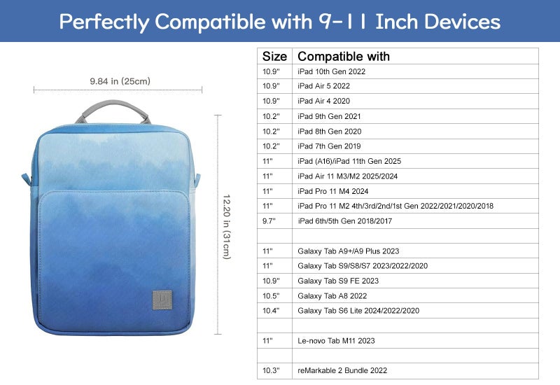 Dadanism 9-11 Inch Tablet Sleeve Bag Carrying Case with Shoulder Strap for iPad (A16) 11", iPad 10th Gen 10.9" Air 5/4, i-Pad Air/Pro 11", i-Pad 9/8/7th 10.2", Galaxy Tab A9+ Plus 11", Misty Blue - Image 2