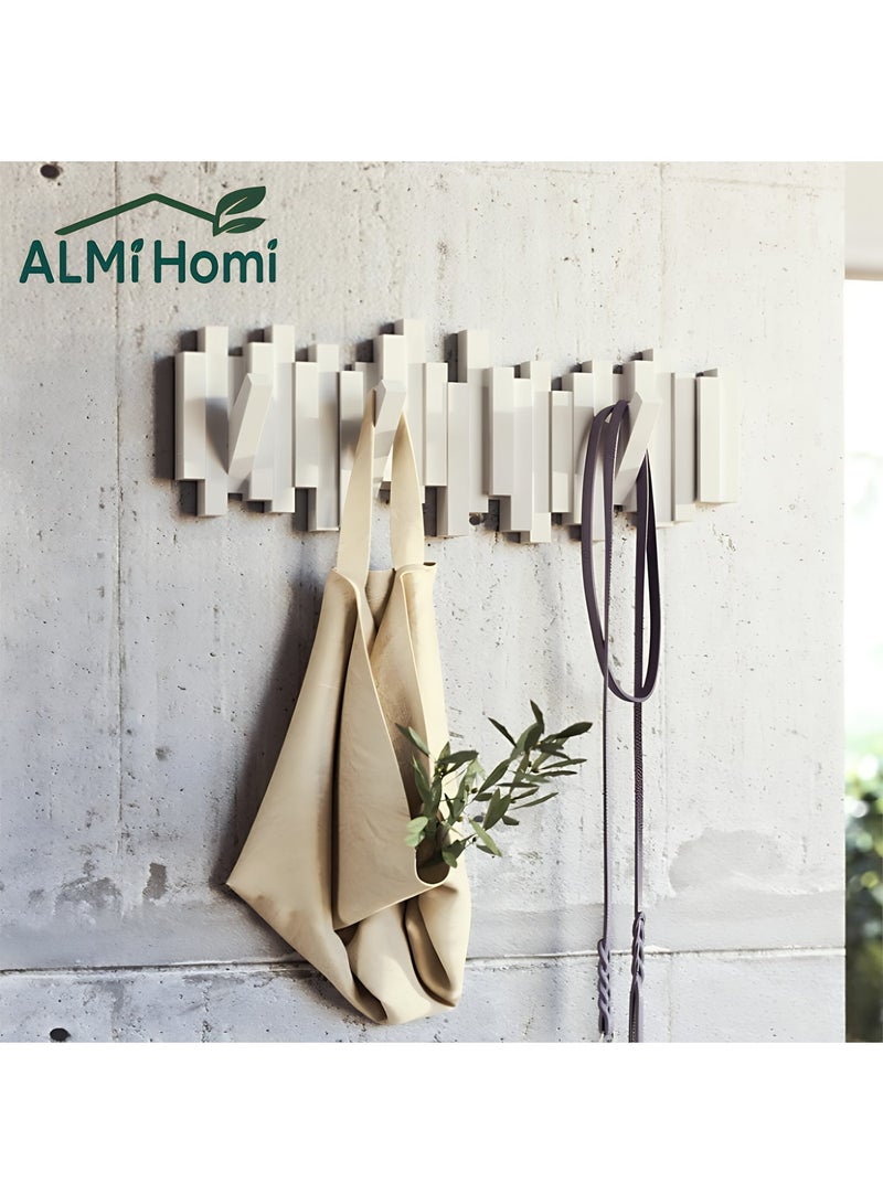 ALMiHomi Wood Wall Hook, Wall-Mounted Coat Rack with 5 Flip-Down Hooks, Wooden Space-Saving Entryway Organizer for Coats, Hats, Keys, Bags, and Towels, Modern Decorative Wall Art Hook, White - Image 1