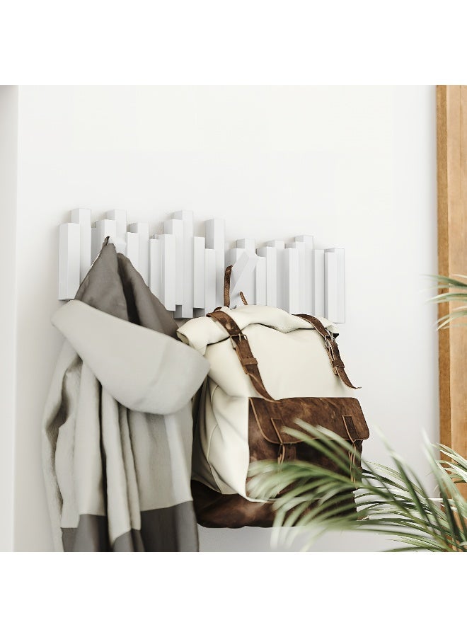 ALMiHomi Wood Wall Hook, Wall-Mounted Coat Rack with 5 Flip-Down Hooks, Wooden Space-Saving Entryway Organizer for Coats, Hats, Keys, Bags, and Towels, Modern Decorative Wall Art Hook, White - Image 2
