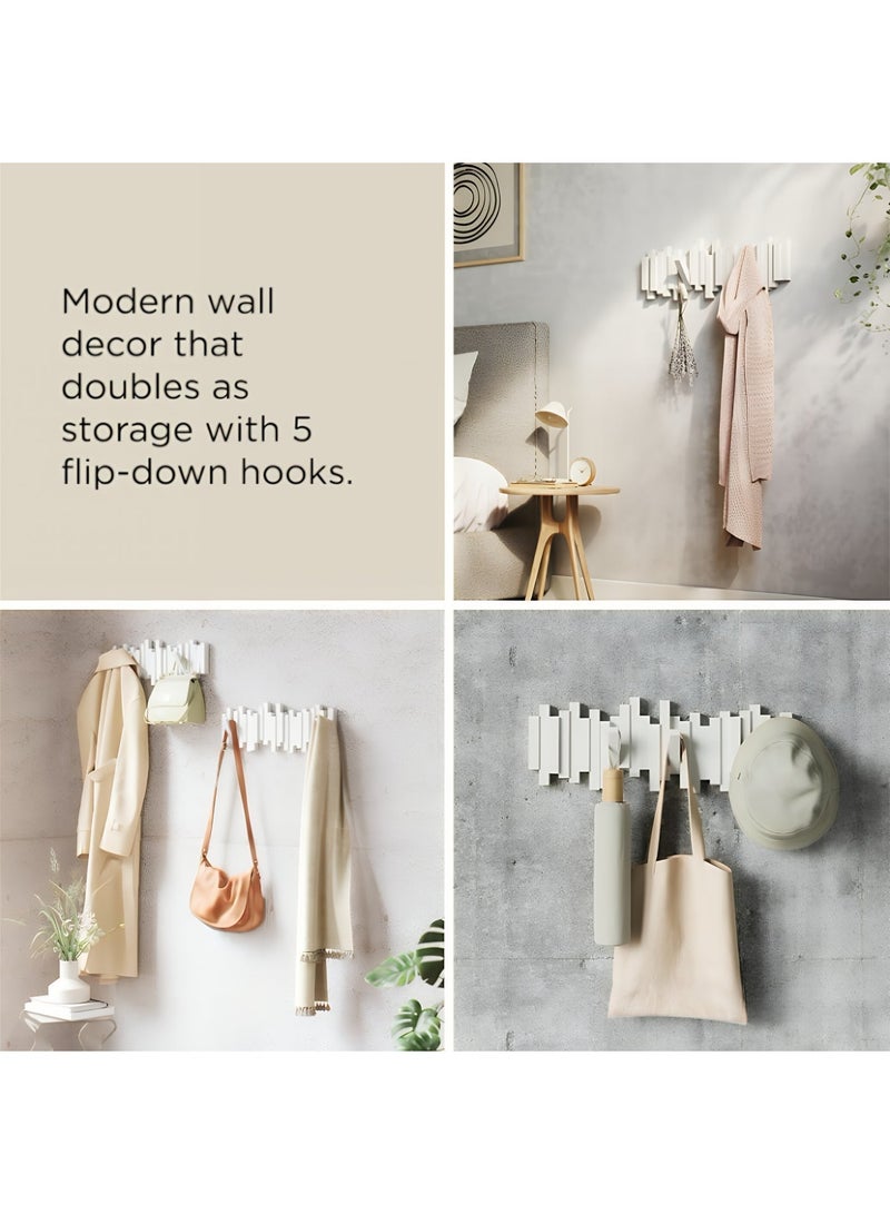 ALMiHomi Wood Wall Hook, Wall-Mounted Coat Rack with 5 Flip-Down Hooks, Wooden Space-Saving Entryway Organizer for Coats, Hats, Keys, Bags, and Towels, Modern Decorative Wall Art Hook, White - Image 5