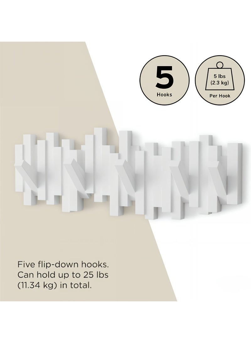 ALMiHomi Wood Wall Hook, Wall-Mounted Coat Rack with 5 Flip-Down Hooks, Wooden Space-Saving Entryway Organizer for Coats, Hats, Keys, Bags, and Towels, Modern Decorative Wall Art Hook, White - Image 4