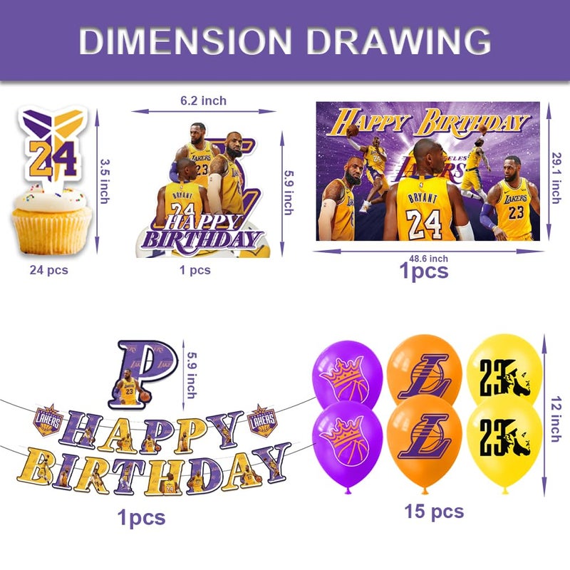 Bahteliv 42Pcs Los Angeles Basketball Party Supplies Pack Includesï¼ŒBannerï¼ŒCake Topperï¼ŒBlackdrop,Balloons for The Laker party decoration - Image 2