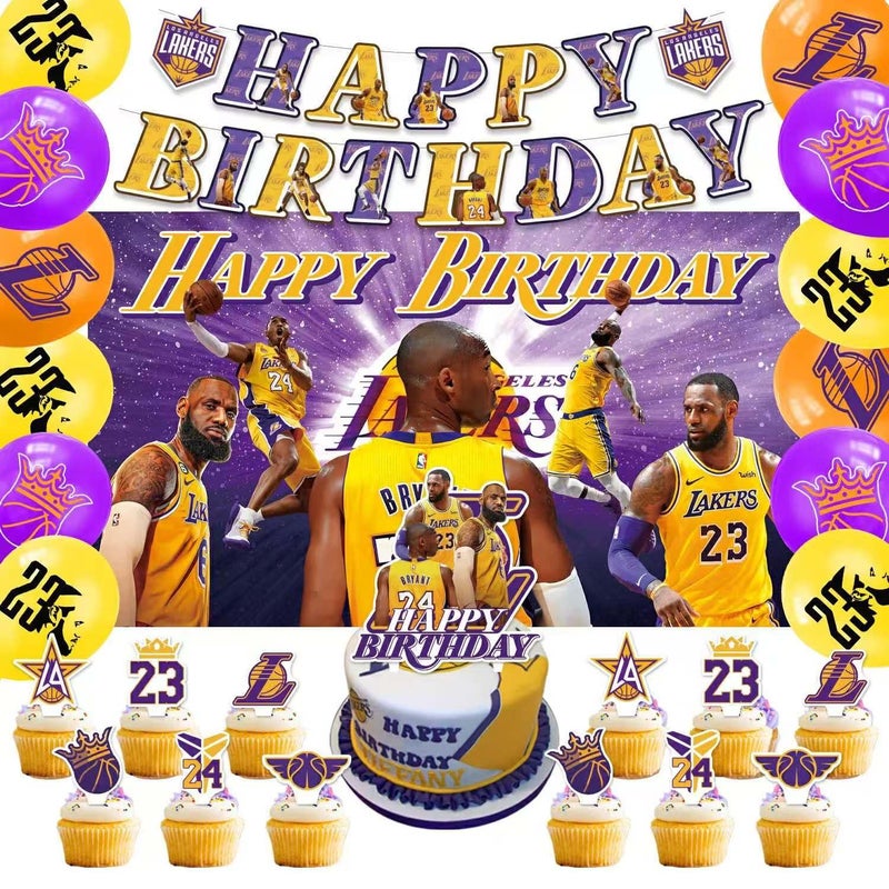 Bahteliv 42Pcs Los Angeles Basketball Party Supplies Pack Includesï¼ŒBannerï¼ŒCake Topperï¼ŒBlackdrop,Balloons for The Laker party decoration - Image 1