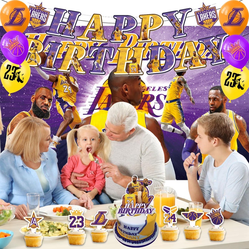 Bahteliv 42Pcs Los Angeles Basketball Party Supplies Pack Includesï¼ŒBannerï¼ŒCake Topperï¼ŒBlackdrop,Balloons for The Laker party decoration - Image 3