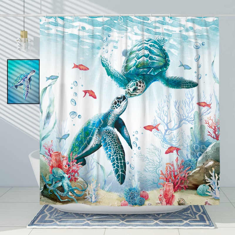 DESIHOM DESIHOM Teal Sea Turtle Shower Curtain Set, Beach Coastal Theme Shower Curtains for Bathroom Ocean Nautical Beachy Turtle Bathroom Decor Polyester Fabric-72" x 72"  - Image 1