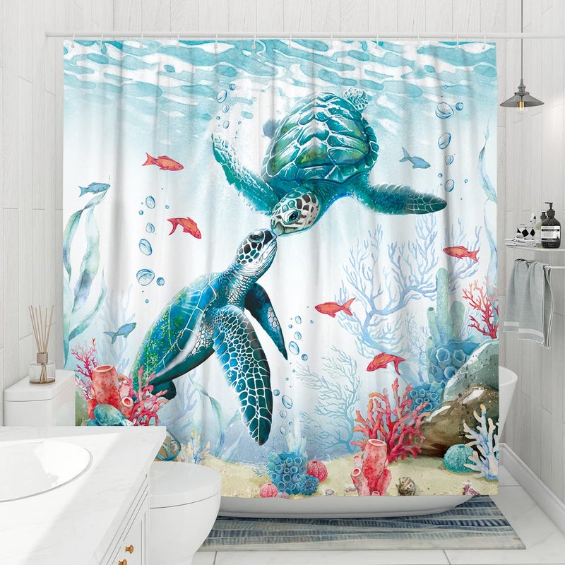DESIHOM DESIHOM Teal Sea Turtle Shower Curtain Set, Beach Coastal Theme Shower Curtains for Bathroom Ocean Nautical Beachy Turtle Bathroom Decor Polyester Fabric-72" x 72"  - Image 3