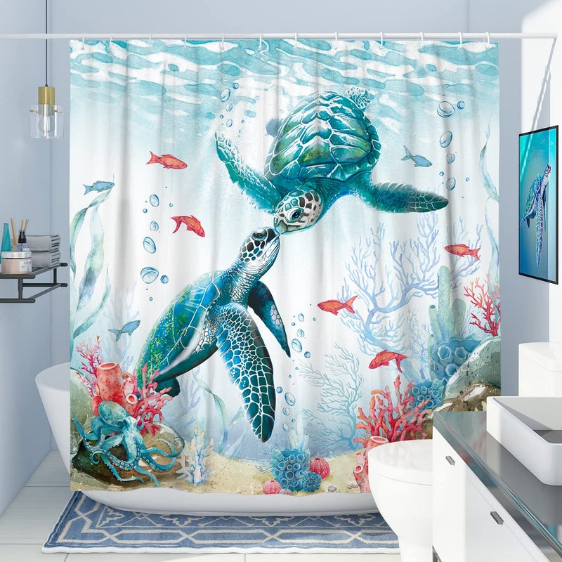 DESIHOM DESIHOM Teal Sea Turtle Shower Curtain Set, Beach Coastal Theme Shower Curtains for Bathroom Ocean Nautical Beachy Turtle Bathroom Decor Polyester Fabric-72" x 72"  - Image 2