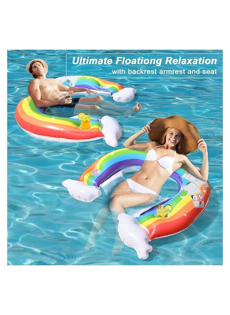 GGEROU - Rainbow Pool Floats Adult 3-in-1 Floating Pool Chair Float Fun Inflatable Rafts Lounge Chair Tube with Backrest and Cup Holders for Swimming Pool - Image 1
