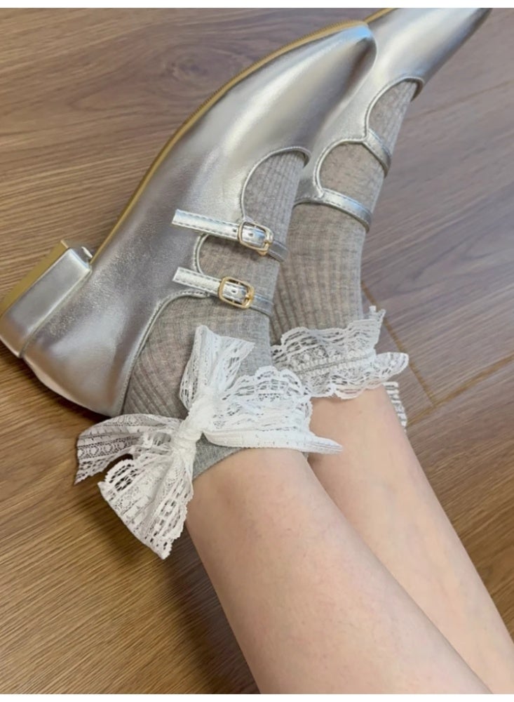 Loquat Women's Lace Lace Tie Bow Socks 3 Pairs of Gray - Image 2