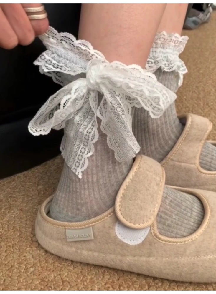 Loquat Women's Lace Lace Tie Bow Socks 3 Pairs of Gray - Image 1