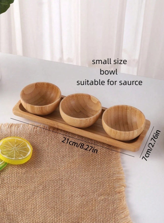 MAIDI Natural Bamboo 3-Bowl & Tray Tableware Set - Home & Restaurant Seasoning Sauce Snack Dishes, Japanese Minimalist Dessert Nut Storage Plates, Detachable Healthy Eco-Friendly Wooden Dipping Bowls - Image 2