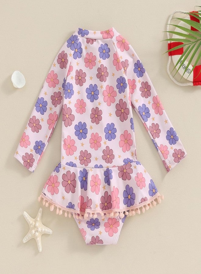 Yccutest Toddler Floral Bathing Suit Girls Long Sleeve Zipper Ruffle Tassel One Piece Swimsuit Kids Rash Guard Swimwear Beach (Pink, 2-3 Years) - Image 4