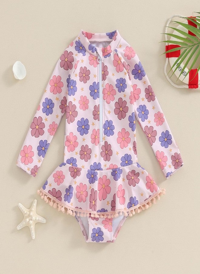 Yccutest Toddler Floral Bathing Suit Girls Long Sleeve Zipper Ruffle Tassel One Piece Swimsuit Kids Rash Guard Swimwear Beach (Pink, 2-3 Years) - Image 2