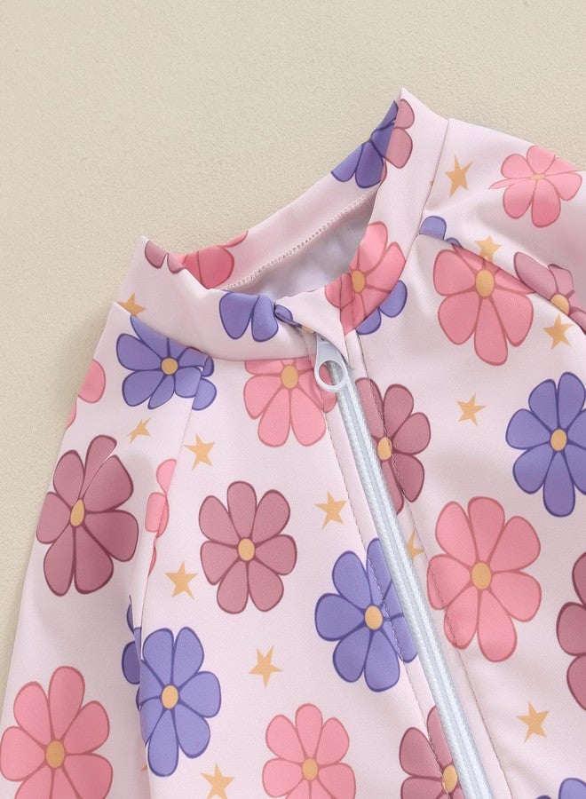 Yccutest Toddler Floral Bathing Suit Girls Long Sleeve Zipper Ruffle Tassel One Piece Swimsuit Kids Rash Guard Swimwear Beach (Pink, 2-3 Years) - Image 5