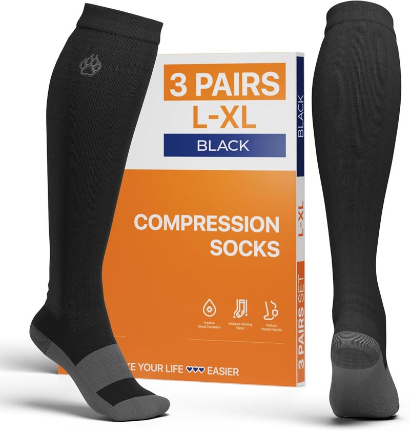 FixiC Compression Socks Men  Women  3 Pairs LXL 815 1520 mmHg  Compression Stockings for Women and Men  Black Circulation Socks  Support Socks for Training Traveling Diabetics and More - Image 1