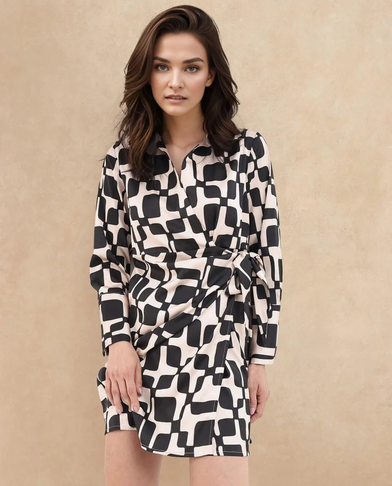 Rareism Women's Geometric Print Wrap Mini Dress
