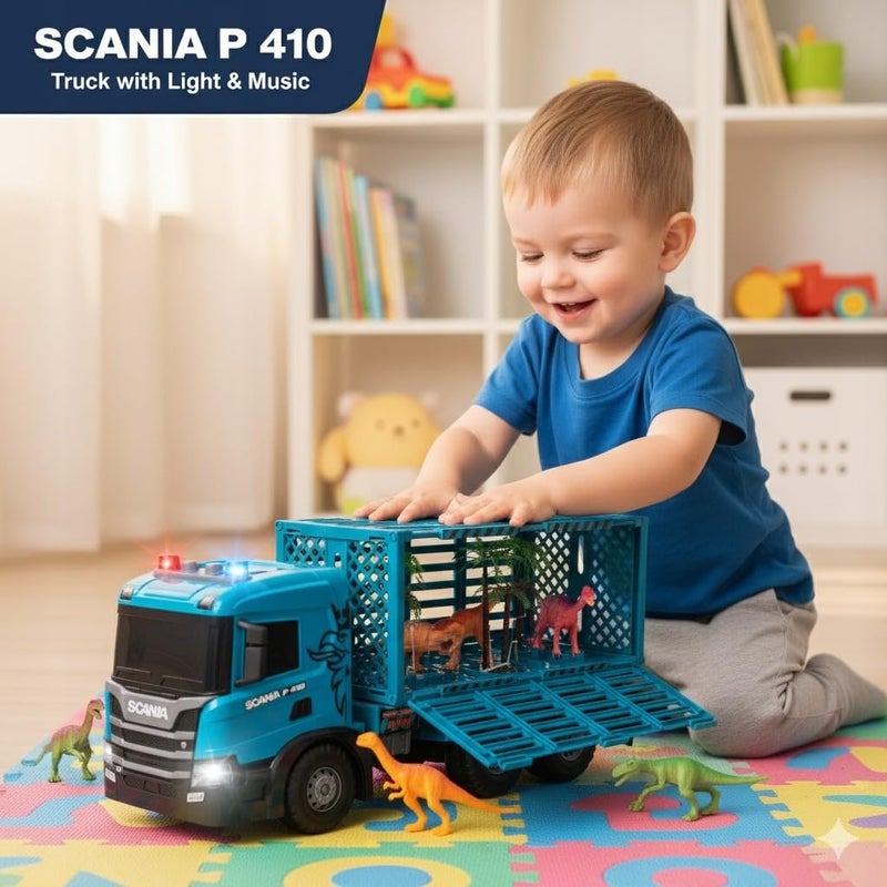 The Toys Home شاحنة نقل الحيوانات الكبيرة من SCANIA تعمل بالاحتكاك، مركبة نقل الماشية الزرقاء مع قفص، شاحنة نقل ثقيلة للأطفال من عمر 3 سنوات فما فوق - Image 5