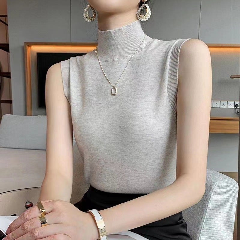 Ice Silk T-Shirt 2024 Spring And Korean Style Sleeveless Bottoming Shirt Half Turtleneck Slim Knitted Inner Vest Top - Image 1
